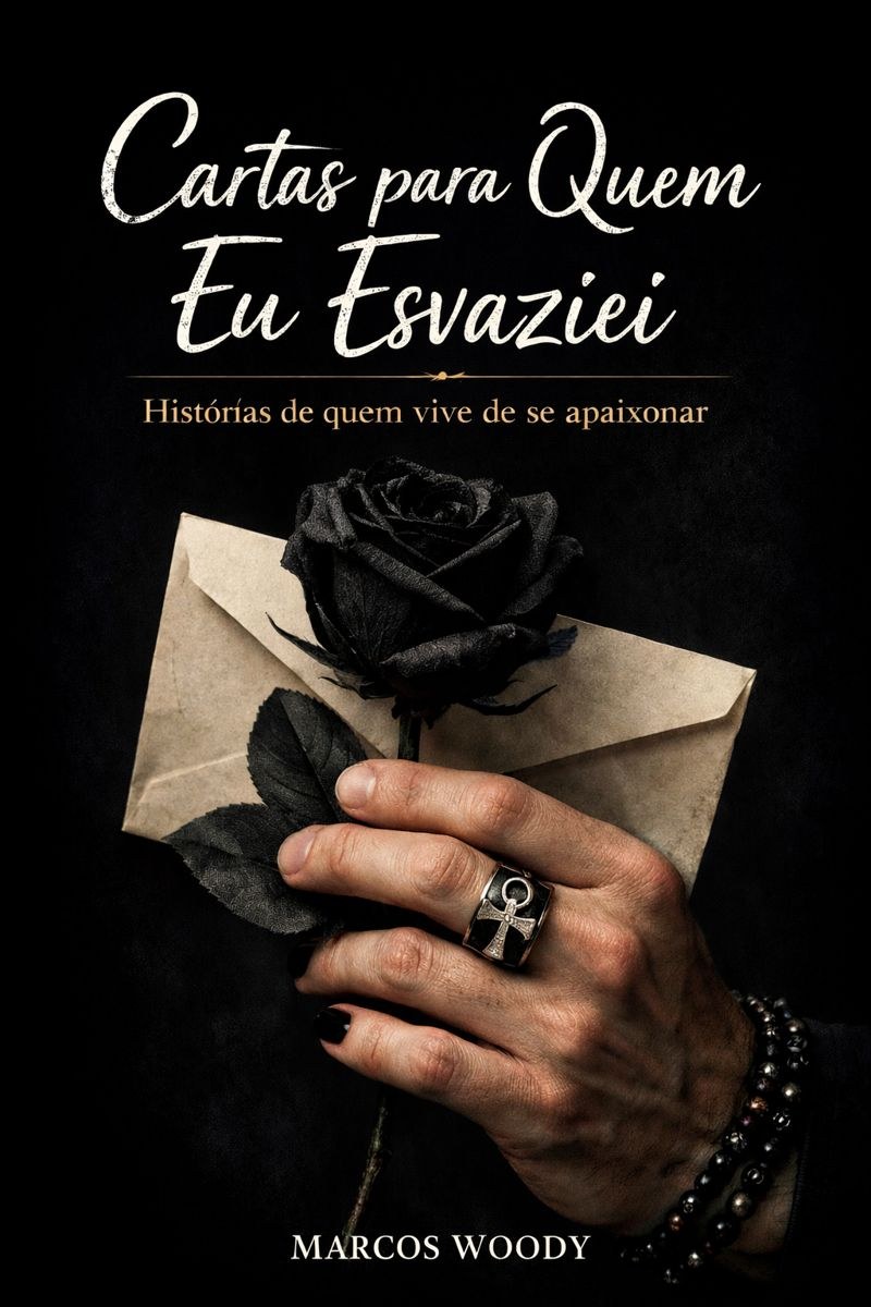 Capa do livro Cartas para Quem Eu Esvaziei, de Marcos Woody: mão com anel segura uma rosa negra e um envelope